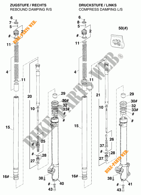 FORCELLA ANTERIORE (COMPONENTI) per KTM 250 EXC MARZOCCHI/OHLINS 13LT 1997